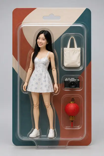 Fiktives Porträt: Actionfigur in Blisterverpackung