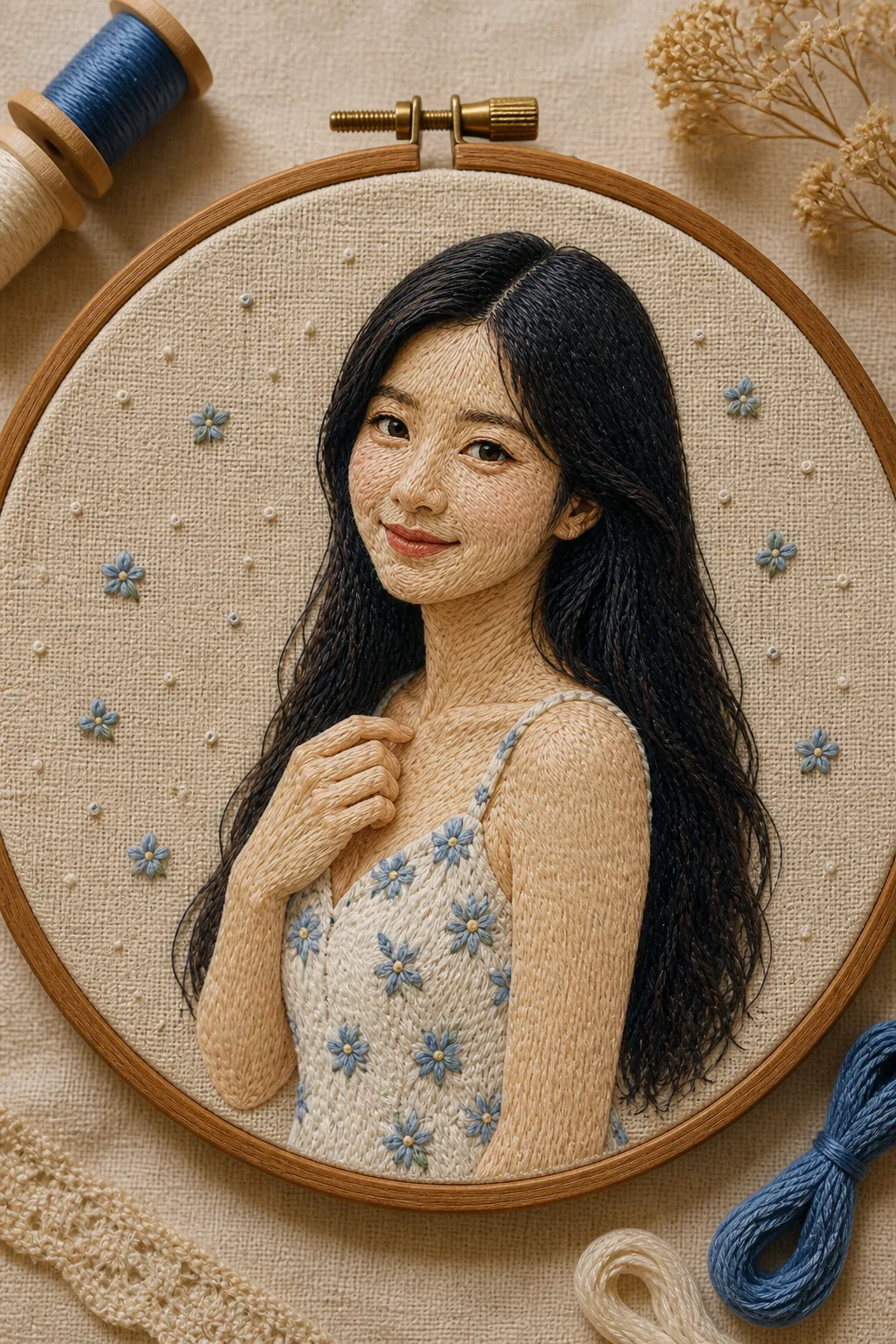 가상 인물 사진: 실 자수 초상화